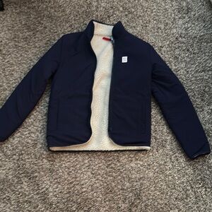 Topo Designs Blue and Cream Quilted Puffer Jacket